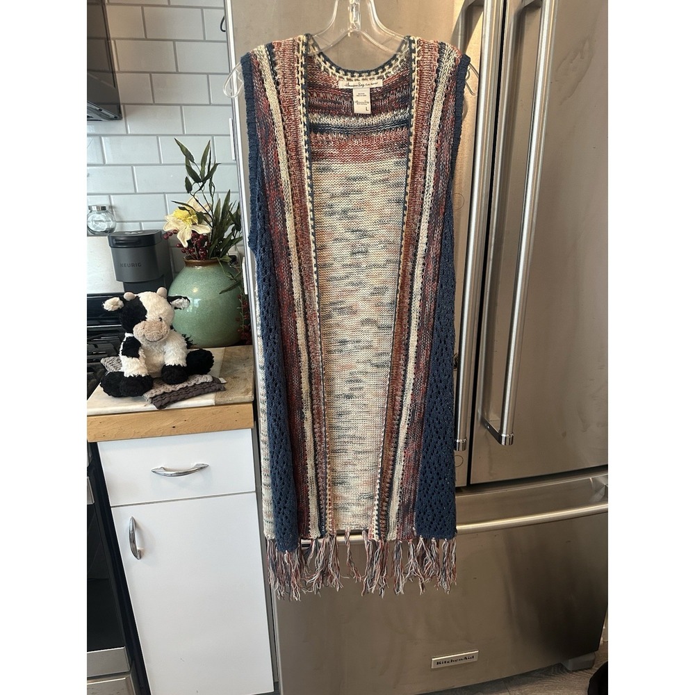 Y2K Open Cardigan Fringe Hem Stripes SzL American Rag No Sleeve Boho Surf Sunset